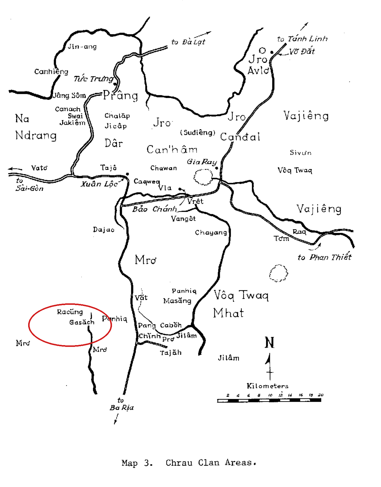 Bản đồ "Các vùng dòng họ Chơ Ro" (Map 3, Chrau Clan Areas) trong David Thomas, Notes on Chrau Ethnog